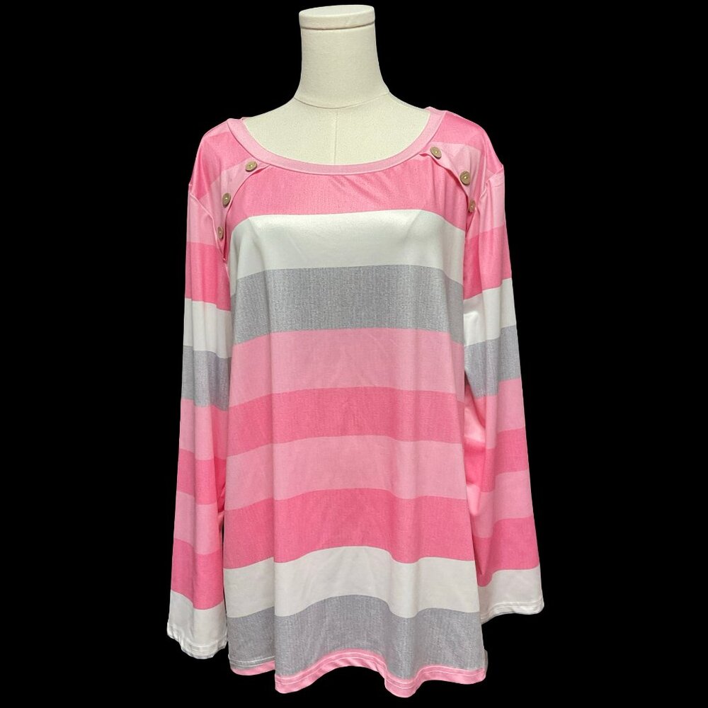 Pink Striped Long Sleeve Tee w/ Button Shoulder Details